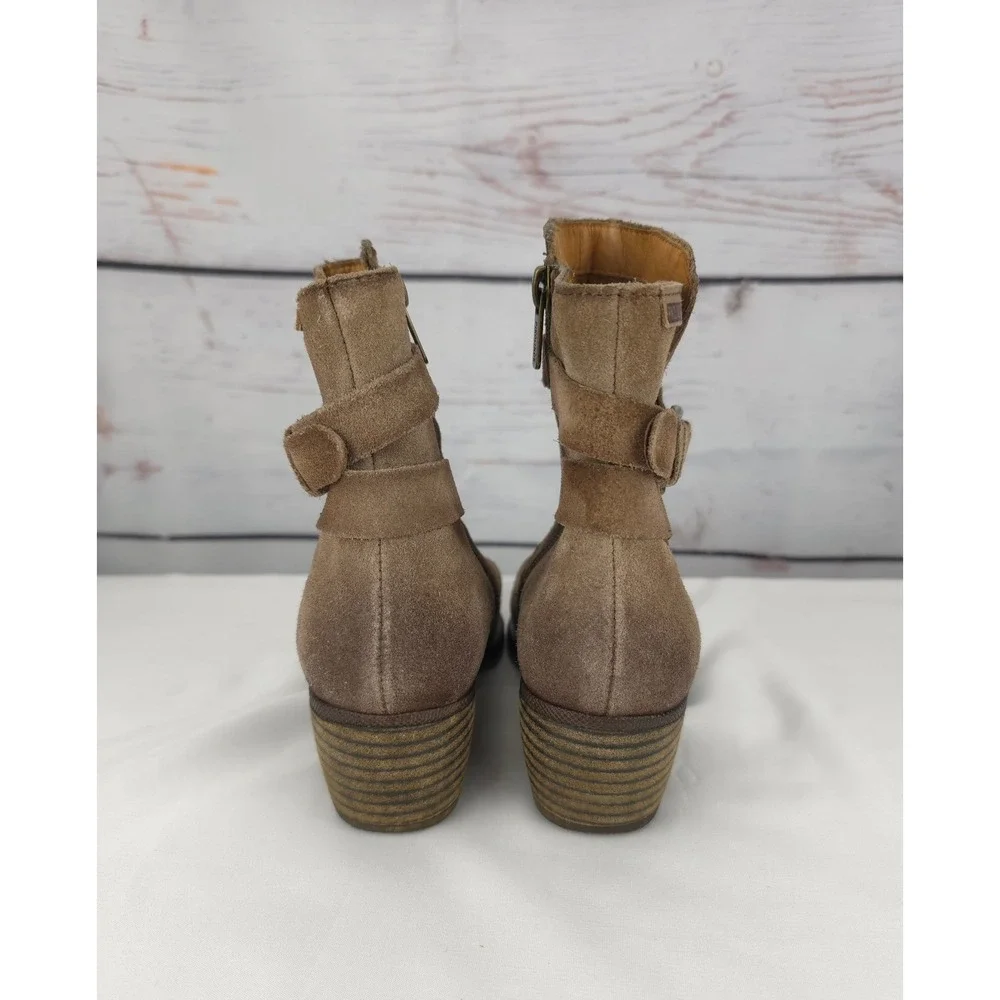Pikolinos Womens Tan Stone Suede Ankle Boots Buckle Zip Side Block Heel Size‎ 36